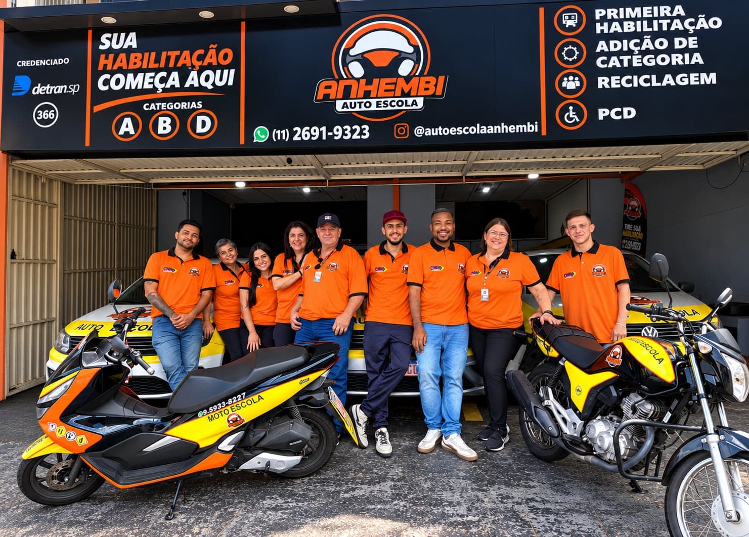 A equipe da Anhembi Auto Escola, de camisa laranja, em frente à fachada, ao lado das motos e dos carros da frota